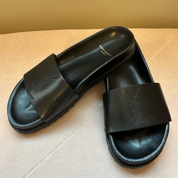 Saint Laurent YSL Black Leather Designer Luxury slides sz. 37.5. 100% Authentic - Picture 3 of 5